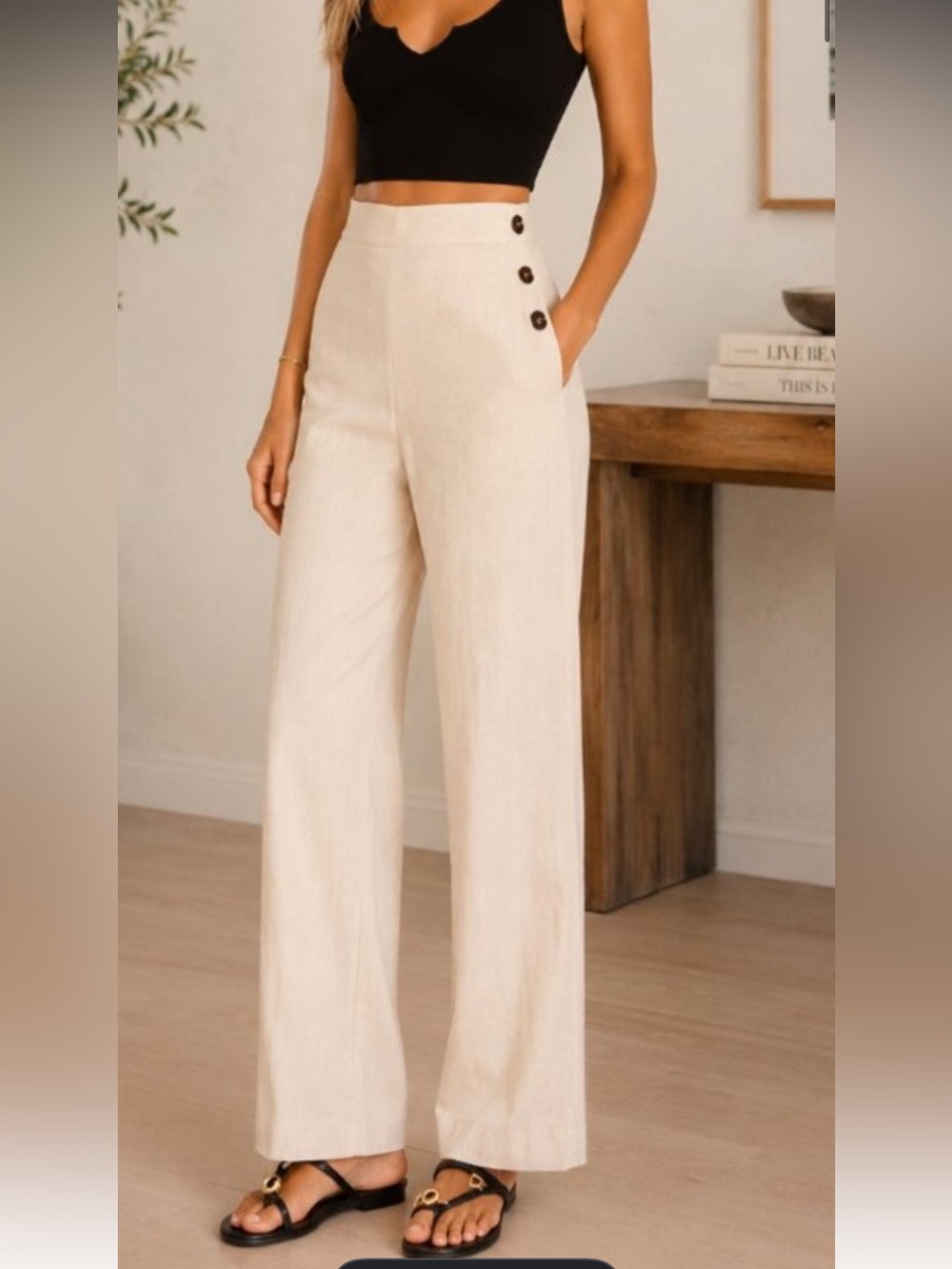 LPA High-Rise Wide Leg Pants in Cream with Side Buttons